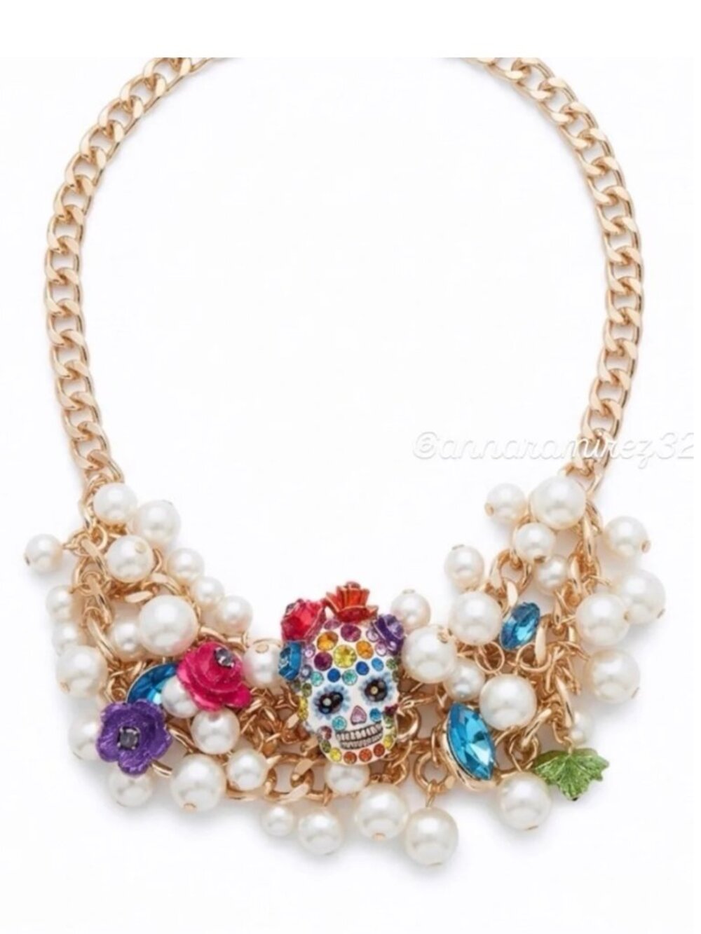 Betsey Johnson Sugar Skull Faux Pearl Flowers Bib Halloween Necklace NWT